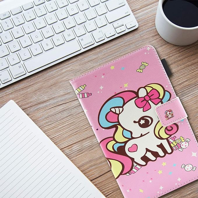 7.0 inch All-New Amazon Kindle Fire 7 Tablet Case 9th/7th/5th Generation (2019/2017/2015 Release) with Stand Pencil Holder [Auto Wake/Sleep] PU Leather Folio Smart Cover Pink Candy Unicorn