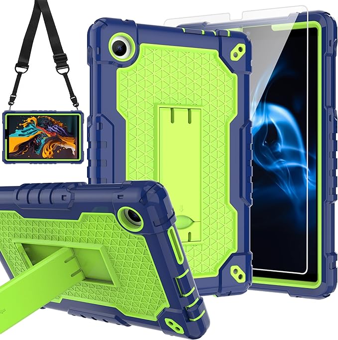 for TCL Tab 8 V/TCL AT&ampT Tab 8 SE (6048E) Tablet Case with Screen ProtectorSoft Silicone Rubber Heavy Duty Hybrid Had Back Shell Protection Build in Kickstand (Navy Blue/Green/1 PC)