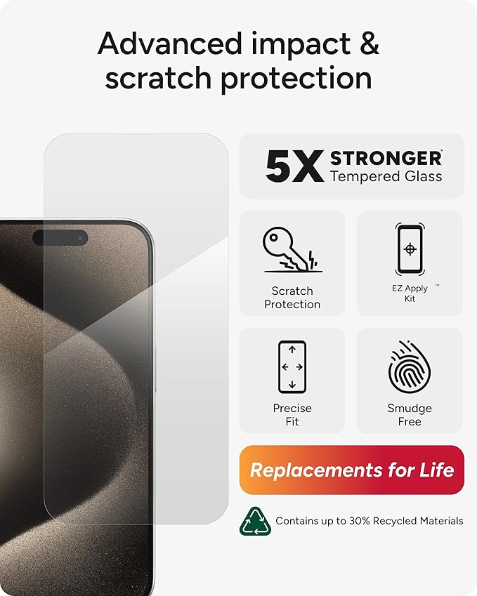ZAGG Glass Elite iPhone 15 Pro Screen Protector - 5X Stronger with Reinforced Edges Scratch &amp Smudge-Resistant Surface InvisibleShield Easy to Install
