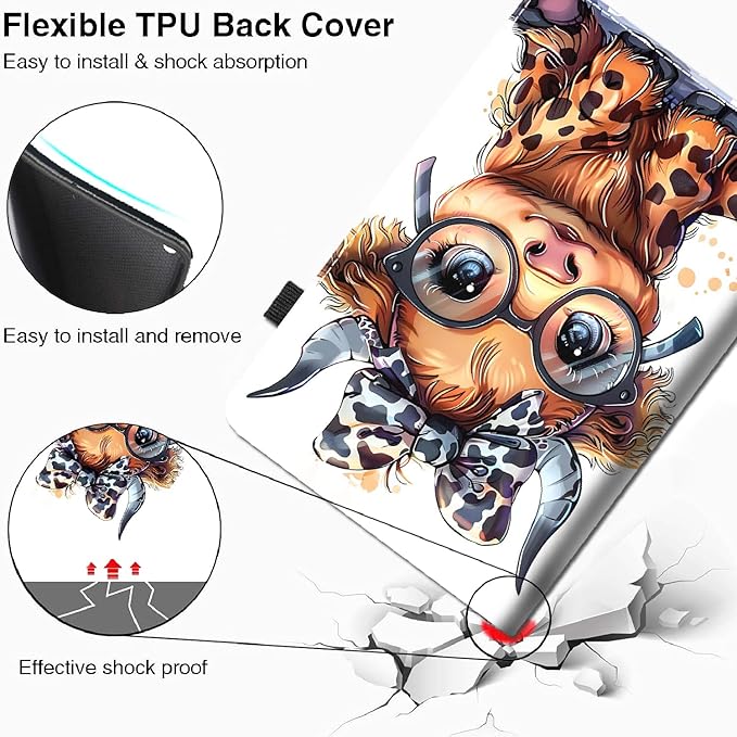 Case for All-New Amazon Fire HD 10 and 10 Plus Tablet (13th/11th Generation 2023/2021 Release) 10.1 - Slim Fit Standing Cover with Auto Sleep/Wake Highland Cow Cute Leopard Bow Baby Cow