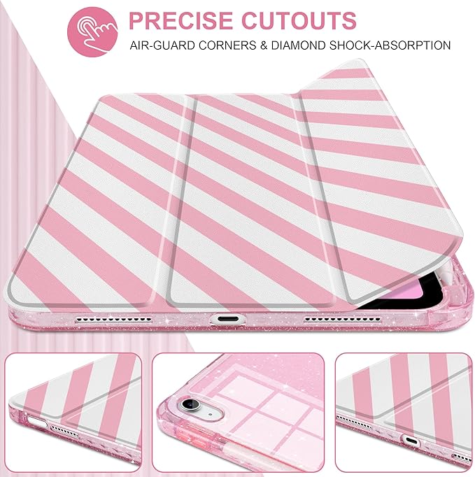 MEEgoodo Case for iPad A16 11th Generation 2025/10th Generation 2022 Glitter Tablet Cases with Transparent Acrylic Back+Trifold Stand +Pencil Holder+Auto Wake/SleepPink and White Stripes