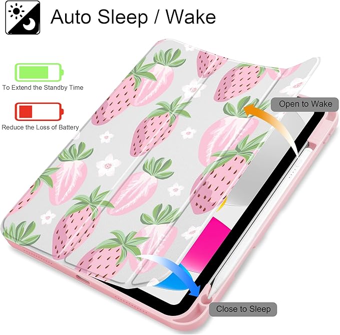 May Chen for iPad Air 11-inch M4/M3/M2 (2026/2025/2024) iPad Air 5th/4th 10.9 Inch - Shockproof Cover with Clear Back Shell &amp Penceil Holder Auto Wake/Sleep Stand Cover Strawberries