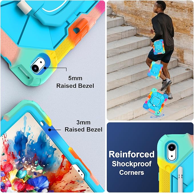 Case for iPad (A16) 11th Generation 11 Inch (2025) iPad 10th Generation Case 10.9 Inch (2022) Shockproof Cover with 360° Rotating Stand Screen Protector Pen Holder Shoulder StrapRainbowBlue