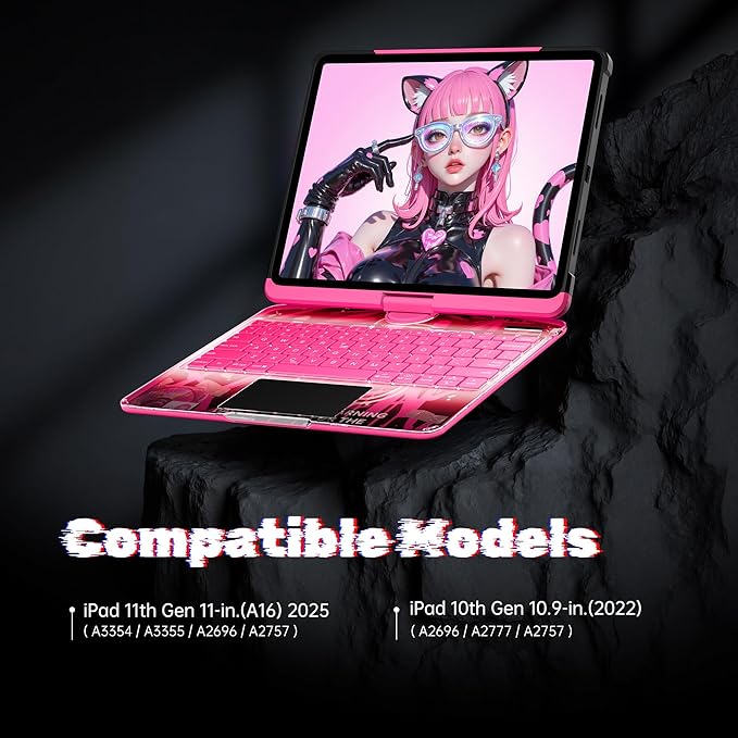 KITONE Transparent Case with Wireless Keyboard for iPad 11th Gen 11-in.(A16 2025) 2022 iPad 10th Gen 10.9-in 7 Colors Backlight Trackpad 360°Rotating Stand Tech Style