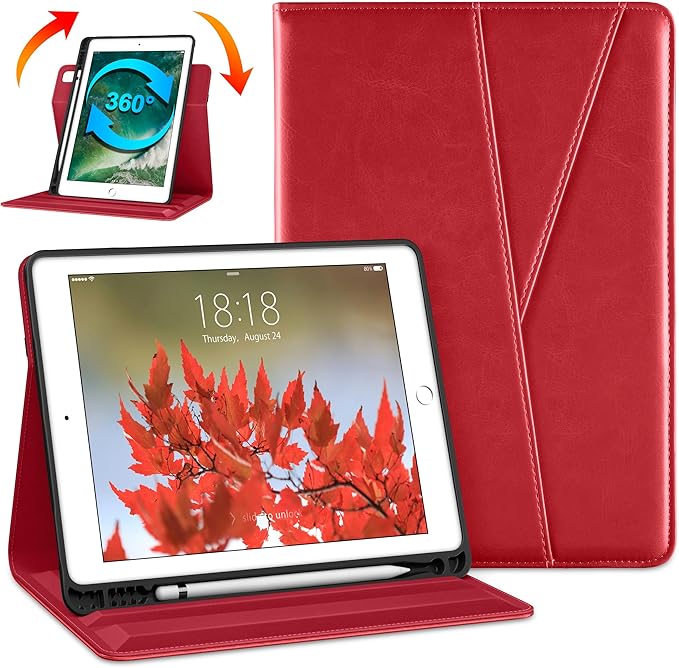 DTTO Rotating Case for iPad 6th / 5th Generation 9.7 Inch 2018/2017 iPad Air 2 / Air 1 Case 360 Degree Swiveling Premium Leather Folio Stand Cover with Pencil Holder - Auto Wake/Sleep Red