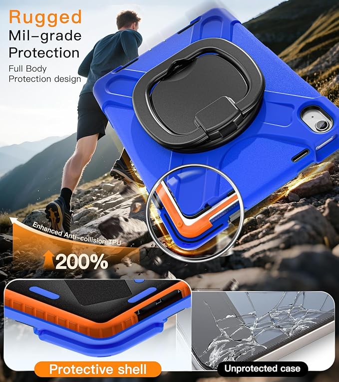 BATYUE Case for iPad (A16) 11th/10th Gen 11''/10.9'' 2025/2022 - Heavy Duty Shockproof Cover with 360° Rotating &amp 180° Folding Stand Screen Protector Shoulder Strap &amp Pencil Holder | Blue