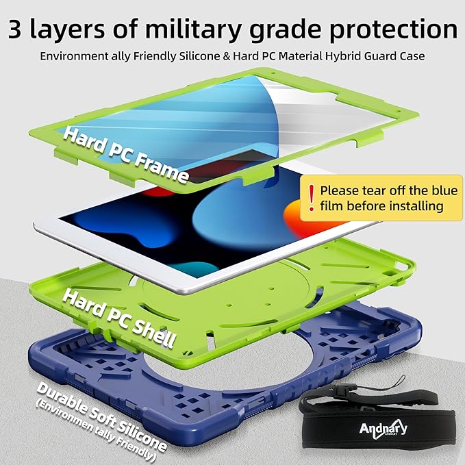 Case for iPad 9th/8th/7th Generation 10.2 inch Shockproof Cover with Screen Protector/360° Rotating Handle/Bracket/Pen Holder/Shoulder Strap Kids Case for iPad 2021/2020/2019 (Navy+Green)