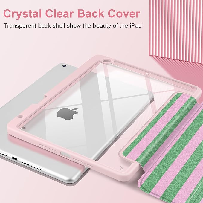 DONGKE for iPad 9th/8th/7th Generation Case 10.2 Inch (2021/2020/2019) [Auto Sleep/Wake &amp Pencil Holder] Clear Acrylic Back Trifold Stand Cover Green Stripes