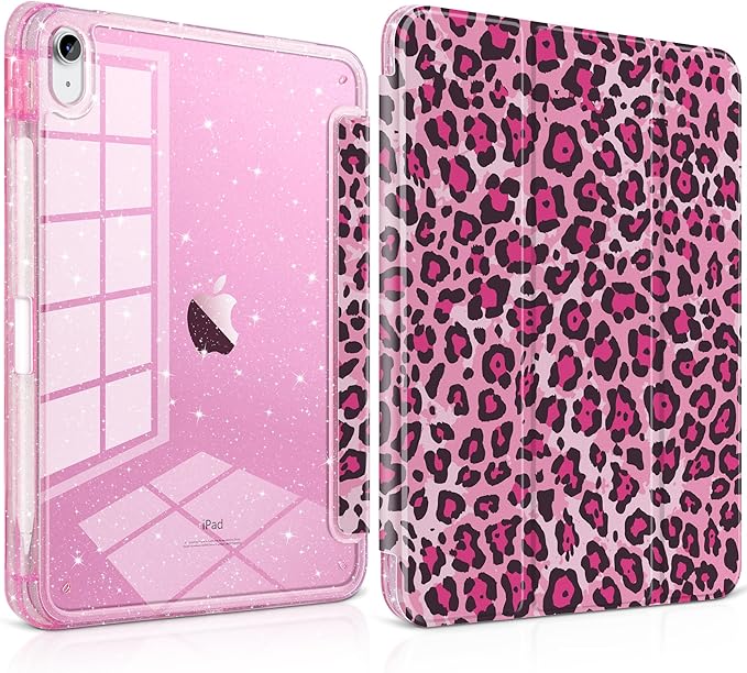 TWOLSKOO Sparkly Case for iPad Pro 11 inch (M5 2025 / M4 2024) Glitter Hard Acrylic Back with Pencil Holder Slim Trifold Stand Folio Cover Auto Sleep/Wake Rose Leopard