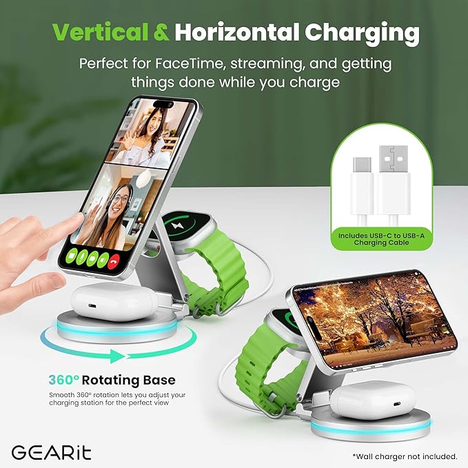 GEARit 3-in-1 Wireless Charging Station - Magsafe Compatible Charger Stand for Phone Watch Earbuds iPhone 14 15 16 16 Pro Pro Max Apple Watch Airpods Samsung Galaxy and Multiple Devices