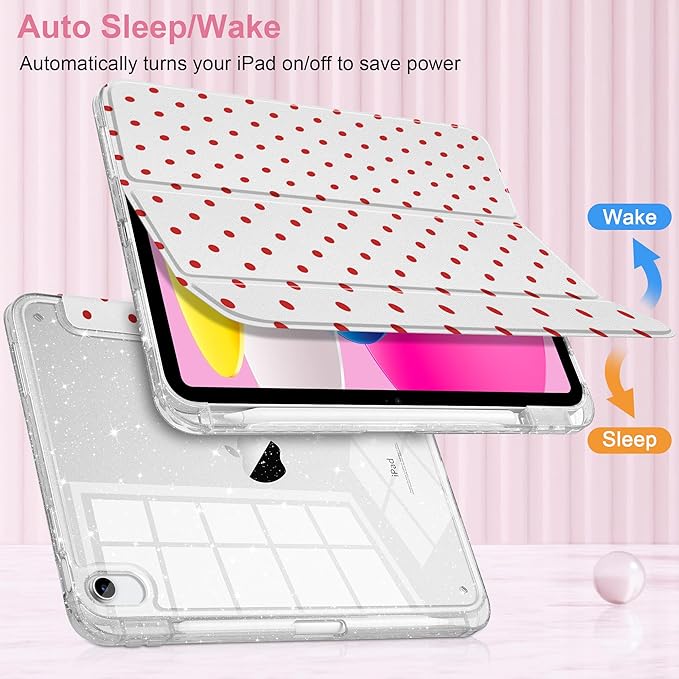 MEEgoodo Case for iPad A16 11th Generation 2025/10th Generation 2022 Glitter Tablet Cases with Transparent Acrylic Back+Trifold Stand +Pencil Holder+Auto Wake/SleepRed Polka Dots