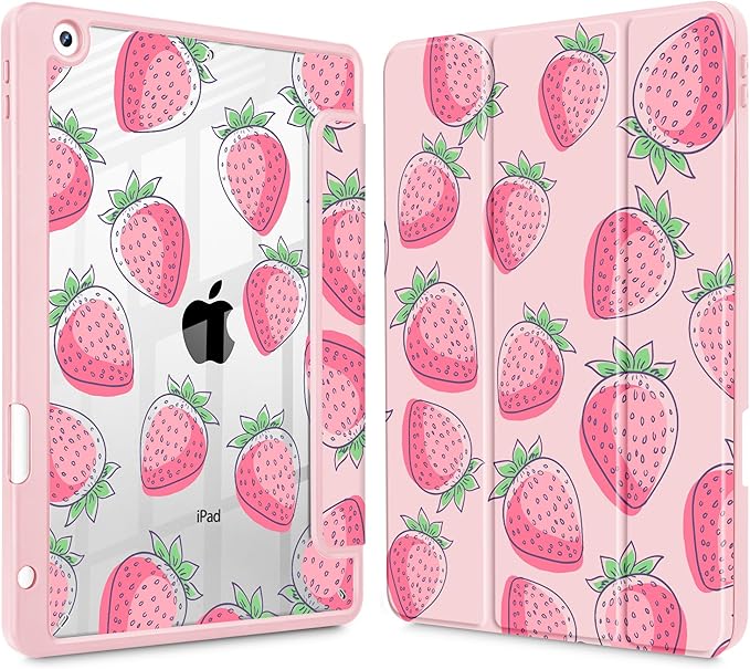 for iPad 9th Generation with Pencil Holder iPad 8th/7th Gen Case 10.2-inch [Built in Pencil Holder] Trifold Stand Auto Wake/Sleep Clear TPU Protection Back Cover Strawberries