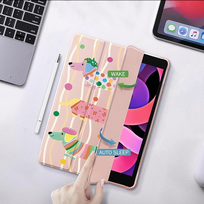Idocolors Case for iPad 11 inch (A16 Chip) 2025 Generation 11th / iPad 10.9 inch 2022 10th Gen Built-in Pencil Holder with Soft TPU Shockproof Back Shell Auto Wake/Sleep Dachshund-Pink