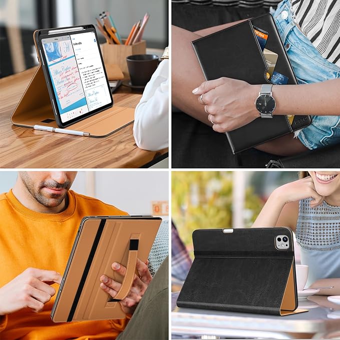 DTTO for iPad Pro 13 inch Case (M5/M4) 2025/2024 Premium Leather Business Folio Stand Cover with Pencil Holder - Auto Wake/Sleep &amp Multiple Viewing Angles Built in Hand Strap &amp Pocket Black