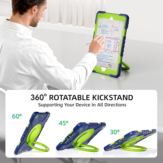 Case for iPad 9th/8th/7th Generation 10.2 inch Shockproof Cover with Screen Protector/360° Rotating Handle/Bracket/Pen Holder/Shoulder Strap Kids Case for iPad 2021/2020/2019 (Navy+Green)