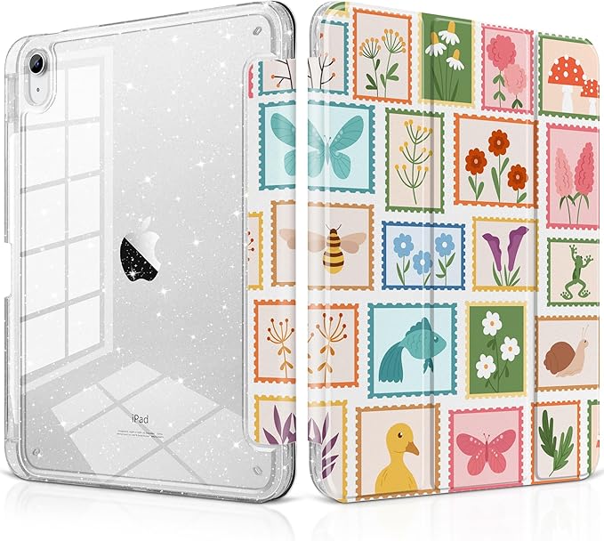 MEEgoodo Case for iPad A16 11th Generation 2025/10th Generation 2022 Glitter Tablet Cases with Transparent Acrylic Back+Trifold Stand +Pencil Holder+Auto Wake/SleepPost Stamps with Natura