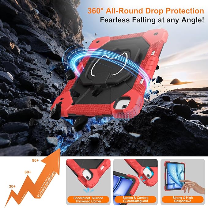Case for iPad Air 13 Inch Case M4 2026/M3 2025/ M2 2024 Auorld for iPad Air 13 Inch Case M4 2026 Case with Screen Protector 360 Degree Rotating Stand Shoulder Strap Pencil Holder Red Black