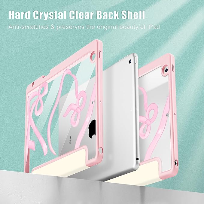 for iPad 9th Generation with Pencil Holder iPad 8th/7th Gen Case 10.2-inch [Built in Pencil Holder] Trifold Stand Auto Wake/Sleep Clear TPU Protection Back Cover Ribbon Bow Kitten