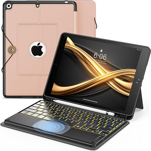 INFILAND Keyboard Case for iPad 9th/8th/7th Generation 10.2 Inch 7-Color Backlight &amp High Precision Trackpad Slim Detachable Folder Style Keyboard Case with Pencil Holder (Rose Gold)