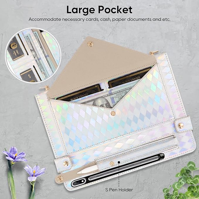 Tablet Carrying Shoulder Bag Case for Samsung Galaxy Tab S10 Lite/ S10 FE/S9 FE/S9/S8/S7 Iridescent Diamond Texture Envelope PU Leather Hand Strap Cards Holder Pocket S Pen Holder CaseSilver