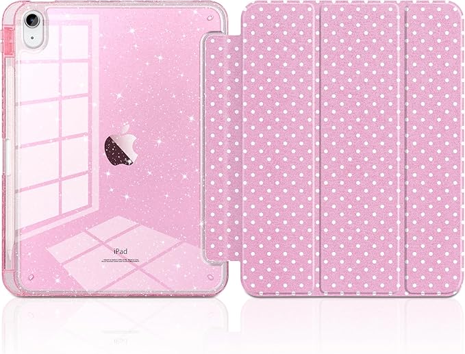 MEEgoodo Case for iPad A16 11th Generation 2025/10th Generation 2022 Glitter Tablet Cases with Transparent Acrylic Back+Trifold Stand +Pencil Holder+Auto Wake/SleepCherry Blossom Pink&ampPolka Dots