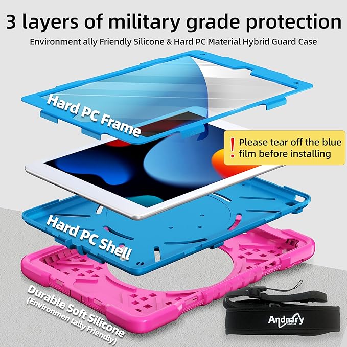 Case for iPad 9th/8th/7th Generation 10.2 inch Shockproof Cover with Screen Protector/360° Rotating Handle/Bracket/Pen Holder/Shoulder Strap Kids Case for iPad 2021/2020/2019 (Pink+Blue)