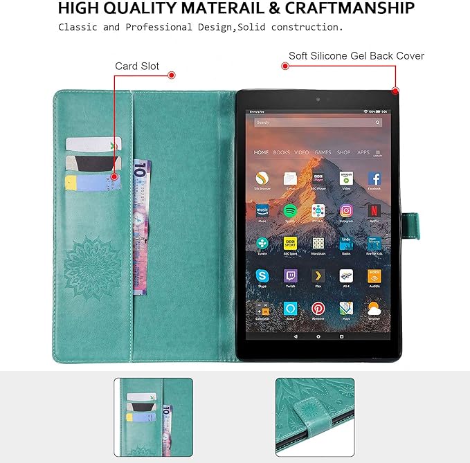 Folio Case for Fire HD 10 (9th/7th/5th Generation 2019/2017/2015 Release) Techcircle Sunflower Embossed Stand Protective Cover with Card/Cash Holder for Amazon Fire HD 10.1 Inch Tablet Green