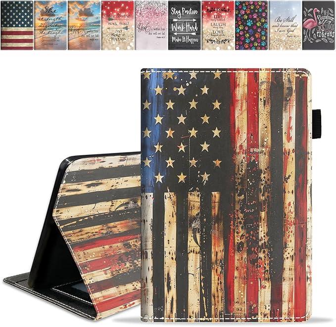 Case for Amazon Kindle Fire 7 Tablet (7 9th/7th Generation 2019/2017 Release) Slim PU Leather Cover with Card Slot &amp Auto Wake/Sleep Retro Wooden American Flag