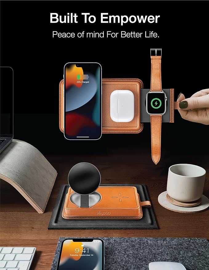 VogDUO 3 in 1 Wireless Magnetic Charging Stand - 15W Charger Dock Station with Genuine Leather 6ft Extension Cables Switchable Nightlight for iPhone AirPods Apple Watch (Tan)