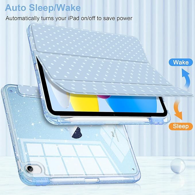 DONGKE for iPad Pro 11 inch Case – Fits M5 2025 / M4 2024 Shockproof Sparkling Glitter Acrylic Back Pencil Holder Trifold Stand Auto Sleep/Wake &amp Touch ID Support - Blue Polka Dot