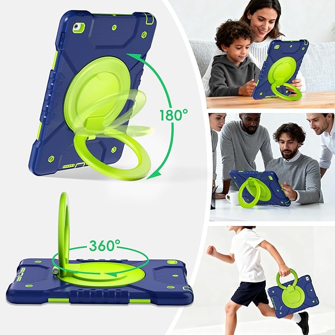 Case for iPad 9th/8th/7th Generation 10.2 inch Shockproof Cover with Screen Protector/360° Rotating Handle/Bracket/Pen Holder/Shoulder Strap Kids Case for iPad 2021/2020/2019 (Navy+Green)