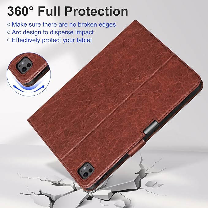 Genuine Leather Case for iPad Pro 13 Inch M5 2025 / M4 2024 Premium Folio Cover with Pencil Holder Auto Wake/Sleep &amp Adjustable Stand - Vintage Red Brown