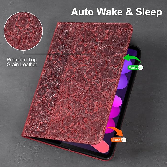 Gexmil Leather Case for iPad mini 7 (A17 Pro) 2024 / iPad mini 6 Generation 2021 8.3 InchPremium Cowhide Cover with Adjustable Stand Auto Wake/SleepFloral Red
