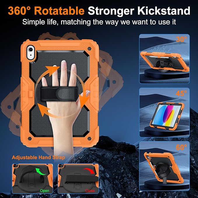 Case for iPad (A16) 11th Generation 11 Inch (2025) Ubearkk for iPad 10th Generation 10.9 inch 2022 case with Screen Protector 360 Degree Rotating Stand/Shoulder Strap/Pencil Holder Orange