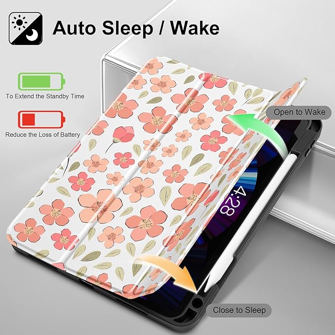 May Chen Case for iPad Pro 11 inch (4th 3rd 2nd &amp 1st Gen) 2022 2021 2020 2018Trifold Stand with Auto Wake/Sleep Soft TPU Protective Stand Back Cover Pink Small Flowers