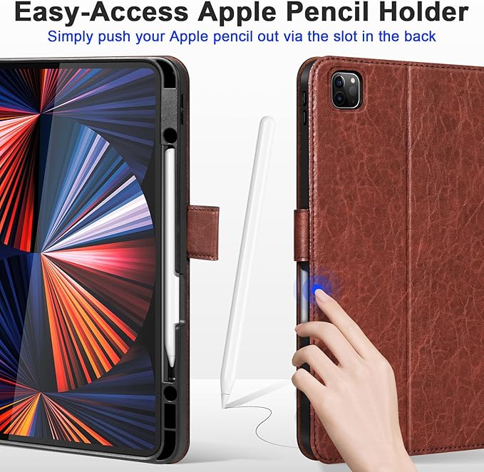 Genuine Leather Case for iPad Pro 12.9 Inch Folio Cover with Pencil Holder Auto Wake/Sleep &amp Adjustable Stand for 6th/5th/4th/3rd Generation (2022-2018) - Vintage Red Brown
