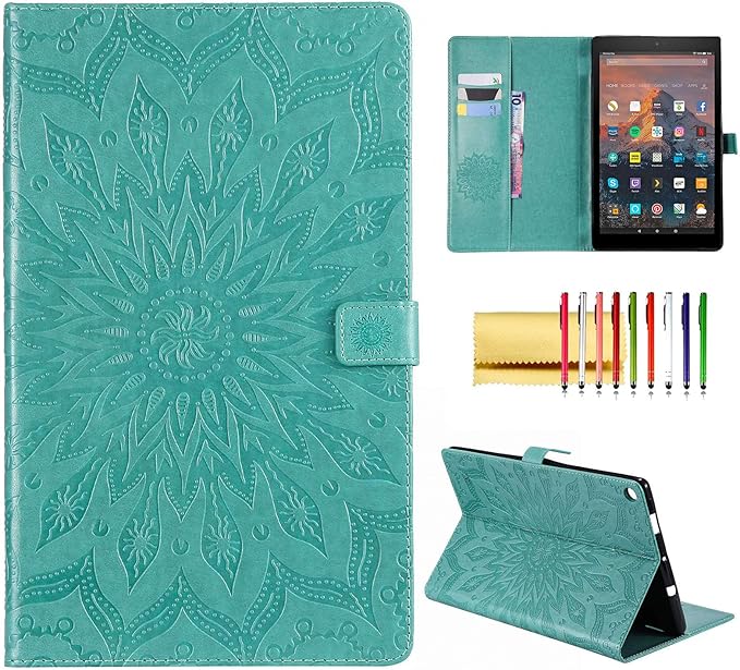 Folio Case for Fire HD 10 (9th/7th/5th Generation 2019/2017/2015 Release) Techcircle Sunflower Embossed Stand Protective Cover with Card/Cash Holder for Amazon Fire HD 10.1 Inch Tablet Green