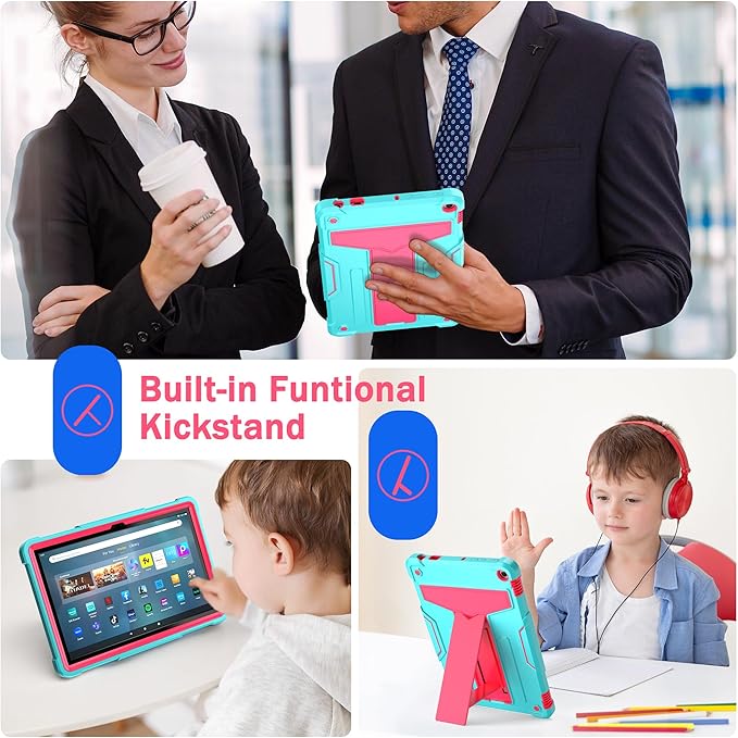Case for Amazon Fire HD 10 Tablet 10.1 Inch Display (13th Generation 2023 Released) - Heavy Duty Hybrid Kickstand Case Cover + 1 Screen Protector and 1 Random Stylus (Teal/Pink)