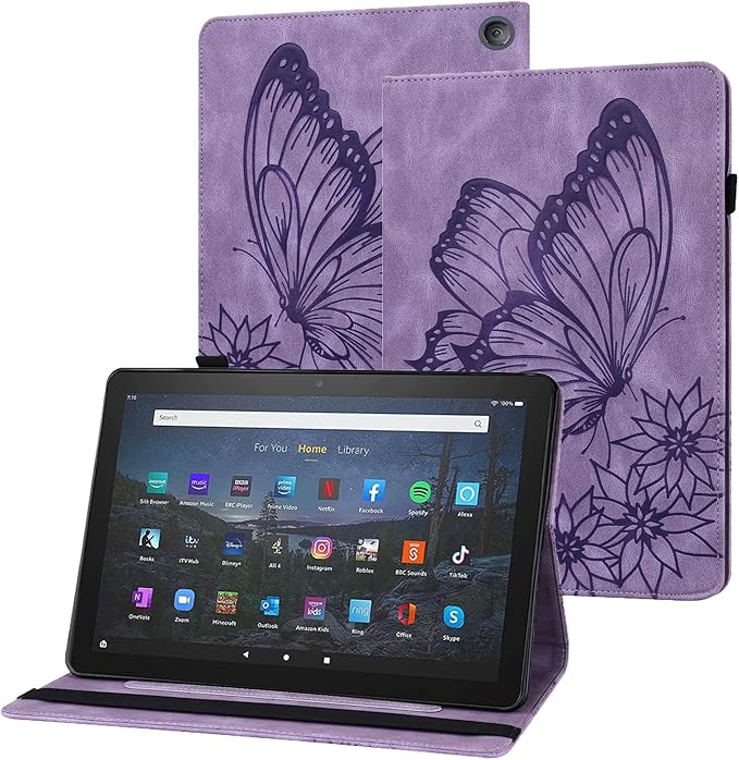 for Amazon Kindle Fire HD 10 &amp HD 10 Plus Case 13th/11th Generation 10.1 inch (2023/2021) Folio Stand Embossed PU Leather Wallet Cover with Pencil Holder/Card Pockes Purple Flower Butterfly