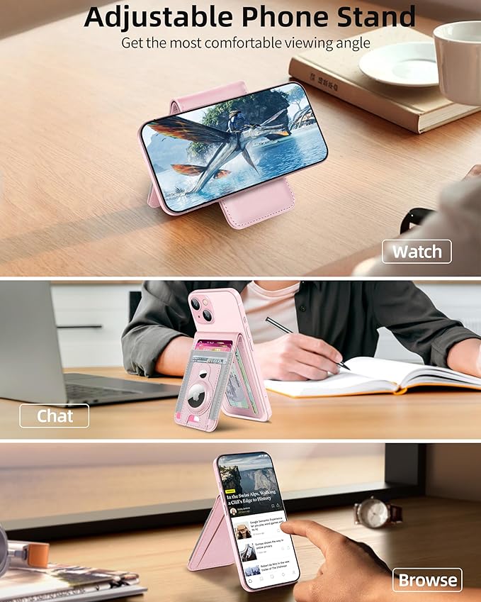For Magsafe Wallet with Airtag Holder Strong Magnetic Wallet for iPhone 17/16/15/14/13/12 Series for iPhone Walletwith Adjustable Stand ID Window 4 Card Slots 10 Cards Holder Vegan Leather Pink