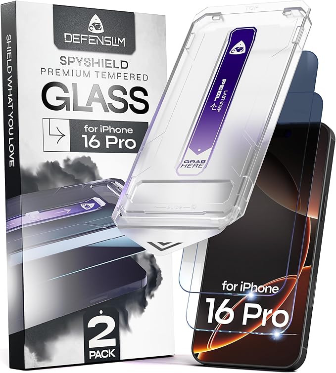 Defenslim for iPhone 16 Pro Privacy Screen Protector (2Pack) Easy Auto-Dust &amp Align Install Kit 6.3 Tempered Glass 9H Hardness Privacy Protection Case Friendly SpyShield