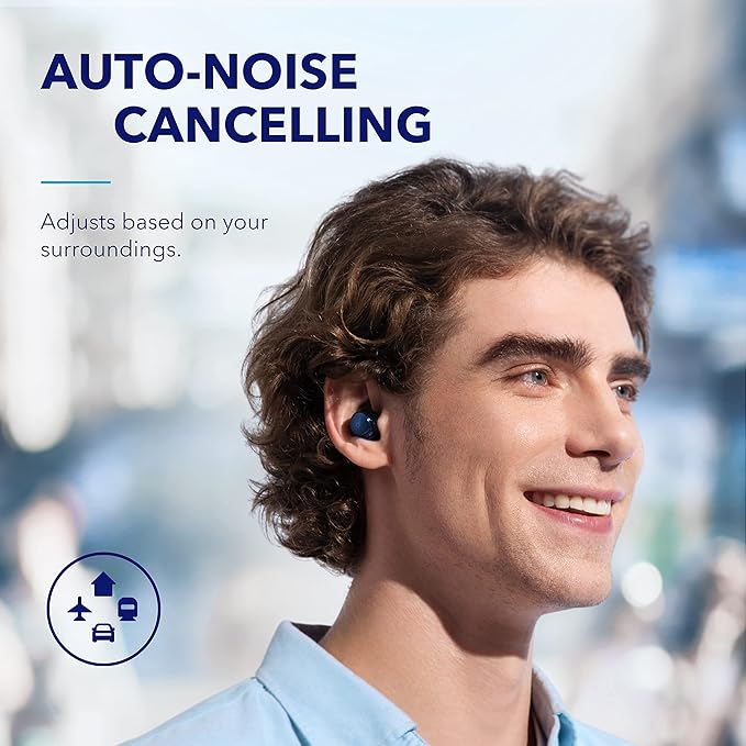 soundcore by Anker Space A40 Auto-Adjustable Active Noise Cancelling Wireless Earbuds Reduce Noise by Up to 98% 50H Playtime Hi-Res Sound Comfortable Fit App Customization Wireless Charge (Blue)