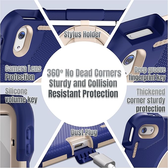 Case for iPad (A16) 11th /10th Generation 11/10.9 Inch 2025/2022 with Screen Protector/360° Rotate Stand/Shoulder Strap/Pencil Holder Shockproof iPad 11th/10th Gen Cover (Navy+White)