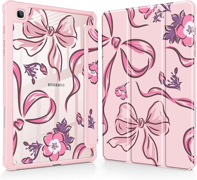 Mektron Case for Samsung Galaxy Tab S6 Lite 10.4 Inch 2024/2022/2020 with S Pen Holder Multi-Angle Viewing with Shockproof Cover Clear Shell + Trifold Stand + Auto Wake/Sleep Flowers-Bows-Pink