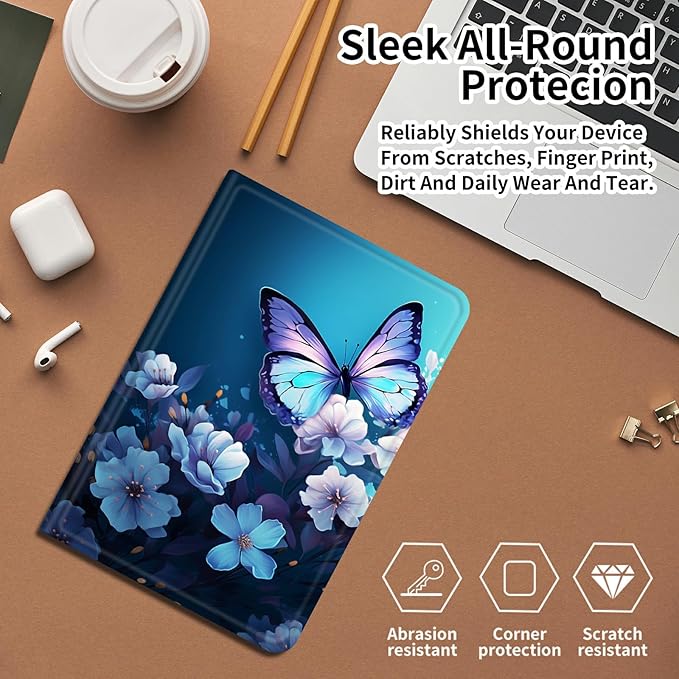 DIGTIALLL Case for Amazon Kindle Fire 7 Tablet Case (12th Gen 2022 Release) PU Leather Smart Protective Cover with Auto Sleep/WakeBlue Butterfly Flowers
