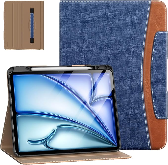 MoKo Case for iPad Air 13 Inch (M3 2025/M2 2024) &amp iPad Pro 12.9 2022/2021 with Pencil Holder Premium Leather Folio Stand Cover for iPad Air 13 Inch/iPad Pro 12.9 Inch 6th/5th GenDenim Blue &amp