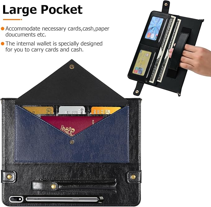 Dteck Case for Samsung Galaxy Tab S9 FE 10.9/S9/S8/S7 11Business PU Leather Folding Stand Protective Cover with S Pen Holder Shoulder Hand Strap Card Slots Handbag Wallet CaseBlue/Black