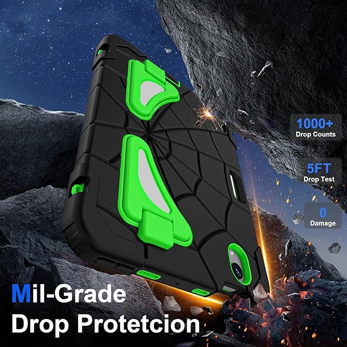 Kids Case for iPad mini 7 A17 Pro 2024/ Mini 6 8.3 inch Spider Case for iPad mini 7th 6th Generation Shockproof Durable Full Protective Cover with Pencil Holder Kickstand (Black+Green)