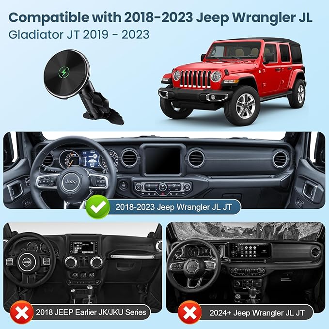 Kaishengyuan Wireless Charger Magnetic Vent Phone Mount Compatible with Jeep Wrangler JL 2018-2023 &amp Gladiator JT 2020-2023 360° Rotation Air Vent Cell Phone Holder Cradles Fit for All Smartphone