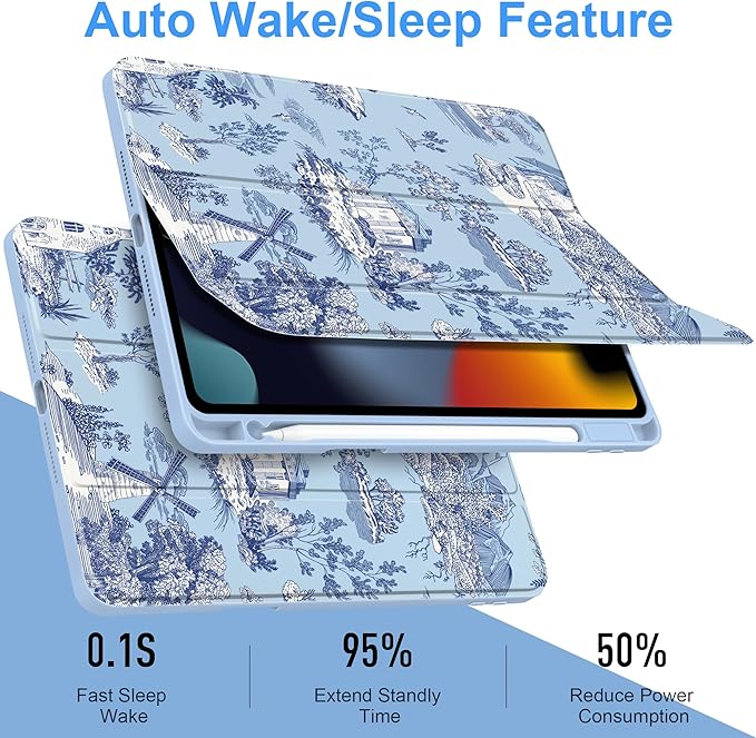 DONGKE for iPad 9th/8th/7th Generation Case 10.2 Inch (2021/2020/2019) [Auto Sleep/Wake &amp Pencil Holder] Clear Acrylic Back Trifold Stand Cover Toile Pattern
